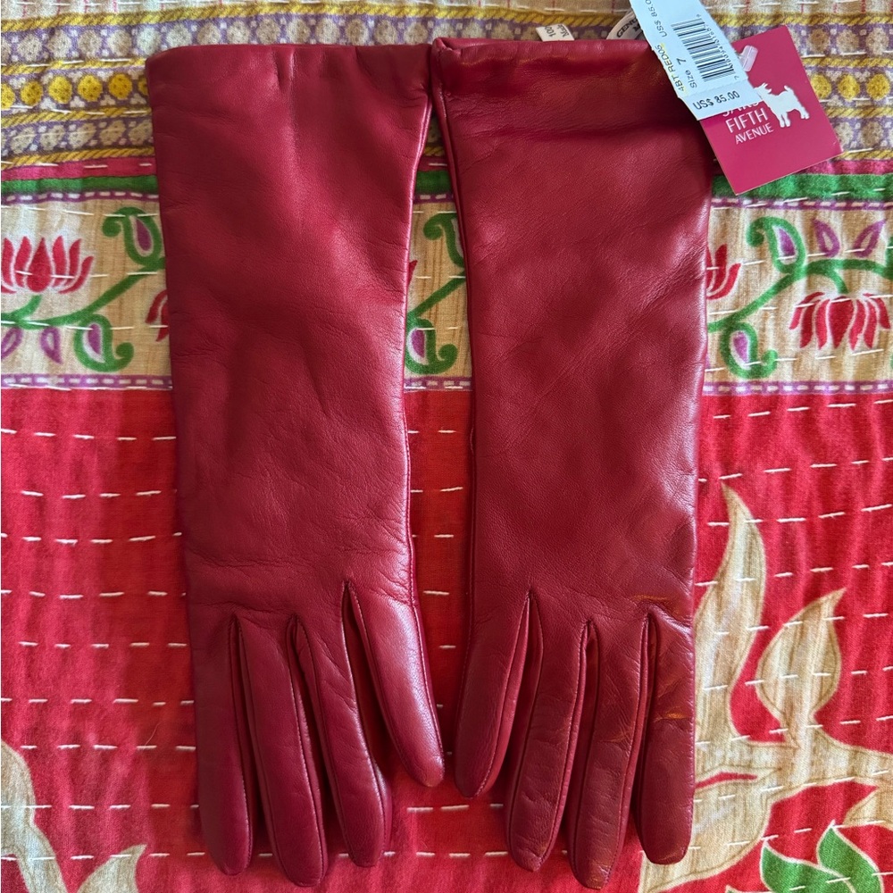 Saks Fifth Avenue Red Leather & Cashmere Gloves NWT